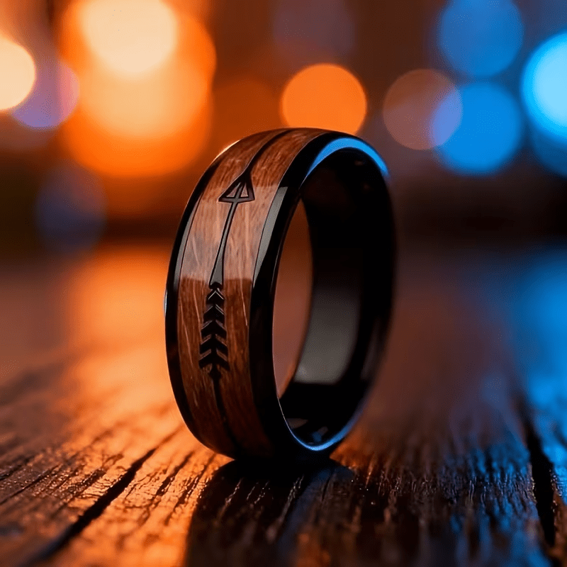 Black Arrow Wood Grain Stainless Steel Ring, Everyday Accessory
